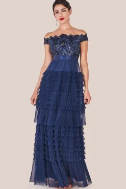 Scallop Bardot Ruffle Mesh Maxi - Navy by Goddiva