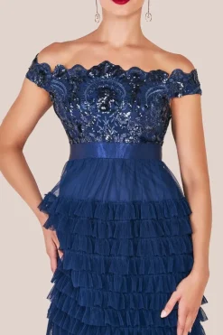 Scallop Bardot Ruffle Mesh Maxi - Navy by Goddiva