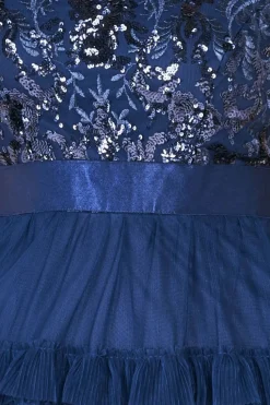 Scallop Bardot Ruffle Mesh Maxi - Navy by Goddiva
