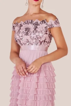 Scallop Bardot Ruffle Mesh Maxi - Blush by Goddiva