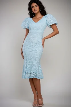 Scallop Lace Puff Sleeve Fit & Flare Midi Dress - Sky Blue by Goddiva