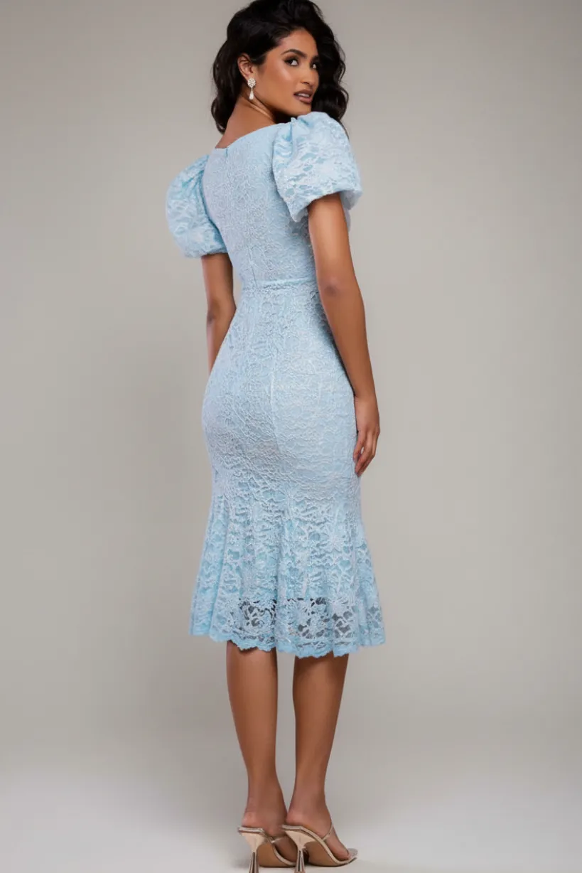 Scallop Lace Puff Sleeve Fit & Flare Midi Dress - Sky Blue by Goddiva