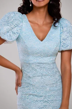 Scallop Lace Puff Sleeve Fit & Flare Midi Dress - Sky Blue by Goddiva