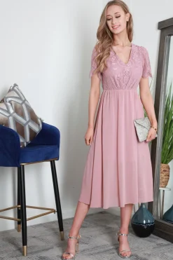 Scallop Lace V Neck Split Hem Chiffon Midi Dress by Double Second