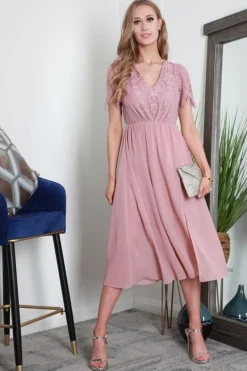 Scallop Lace V Neck Split Hem Chiffon Midi Dress by Double Second