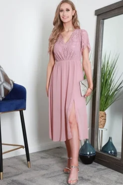 Scallop Lace V Neck Split Hem Chiffon Midi Dress by Double Second