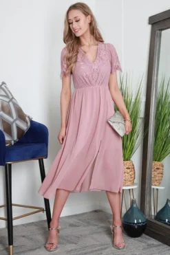 Scallop Lace V Neck Split Hem Chiffon Midi Dress by Double Second