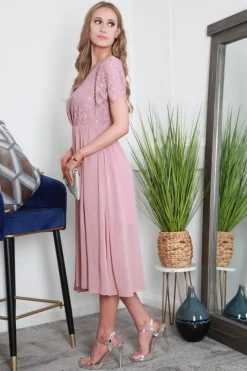 Scallop Lace V Neck Split Hem Chiffon Midi Dress by Double Second