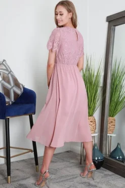 Scallop Lace V Neck Split Hem Chiffon Midi Dress by Double Second
