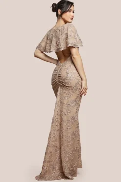 Scalloped Cape Open Back Lace & Sequin Maxi Dress - Champagne by Goddiva