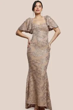 Scalloped Cape Open Back Lace & Sequin Maxi Dress - Champagne by Goddiva