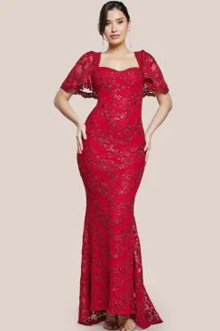 Scalloped Cape Open Back Lace & Sequin Maxi Dress - Red by Goddiva