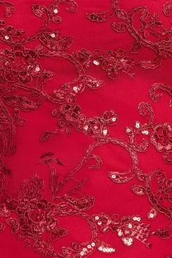 Scalloped Cape Open Back Lace & Sequin Maxi Dress - Red by Goddiva