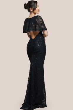 Scalloped Cape Open Back Lace & Sequin Maxi Dress - Black by Goddiva
