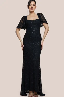 Scalloped Cape Open Back Lace & Sequin Maxi Dress - Black by Goddiva