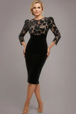 Scalloped Crochet & Velvet Midi Dress - Black by Goddiva