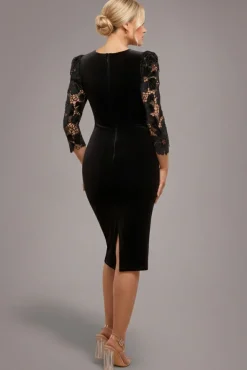 Scalloped Crochet & Velvet Midi Dress - Black by Goddiva