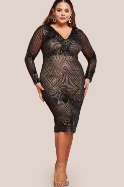 Scalloped Hem Starburst Midi Dress - Black by Goddiva Plus