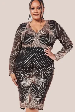 Scalloped Hem Starburst Midi Dress - Rose Gold by Goddiva Plus