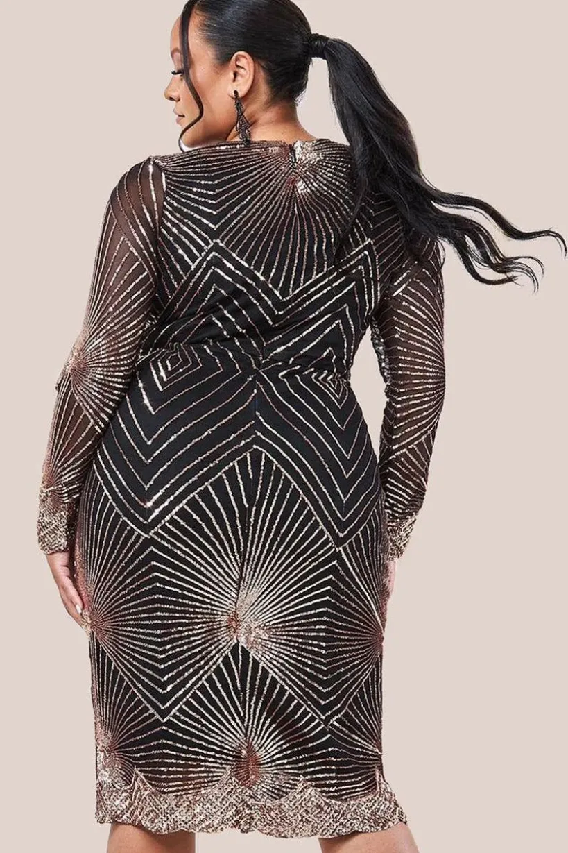 Scalloped Hem Starburst Midi Dress - Rose Gold by Goddiva Plus