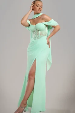 Scalloped Lace & Chiffon Winged Corset Bodice Maxi Dress - Mint Green by Goddiva