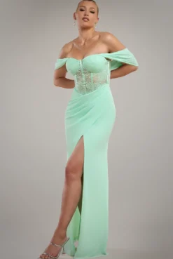 Scalloped Lace & Chiffon Winged Corset Bodice Maxi Dress - Mint Green by Goddiva