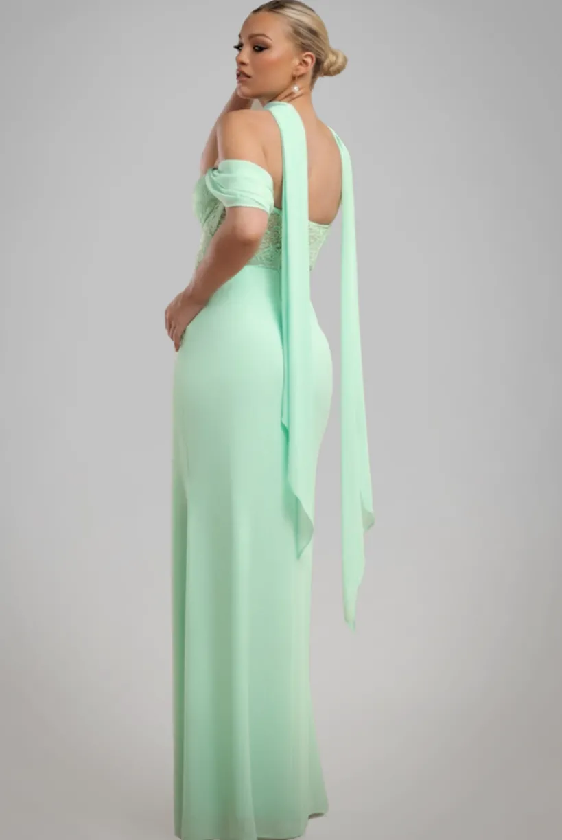 Scalloped Lace & Chiffon Winged Corset Bodice Maxi Dress - Mint Green by Goddiva