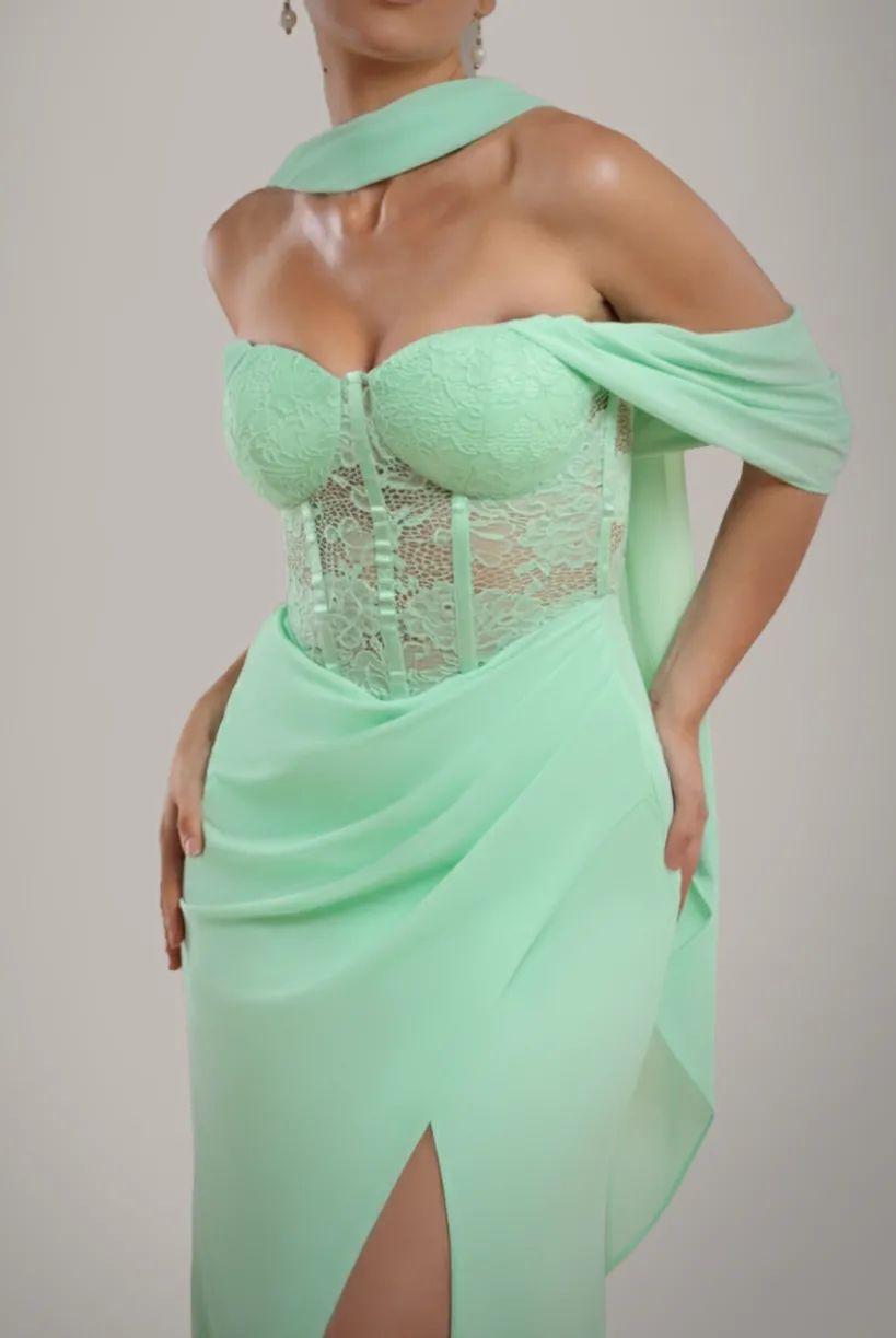 Scalloped Lace & Chiffon Winged Corset Bodice Maxi Dress - Mint Green by Goddiva