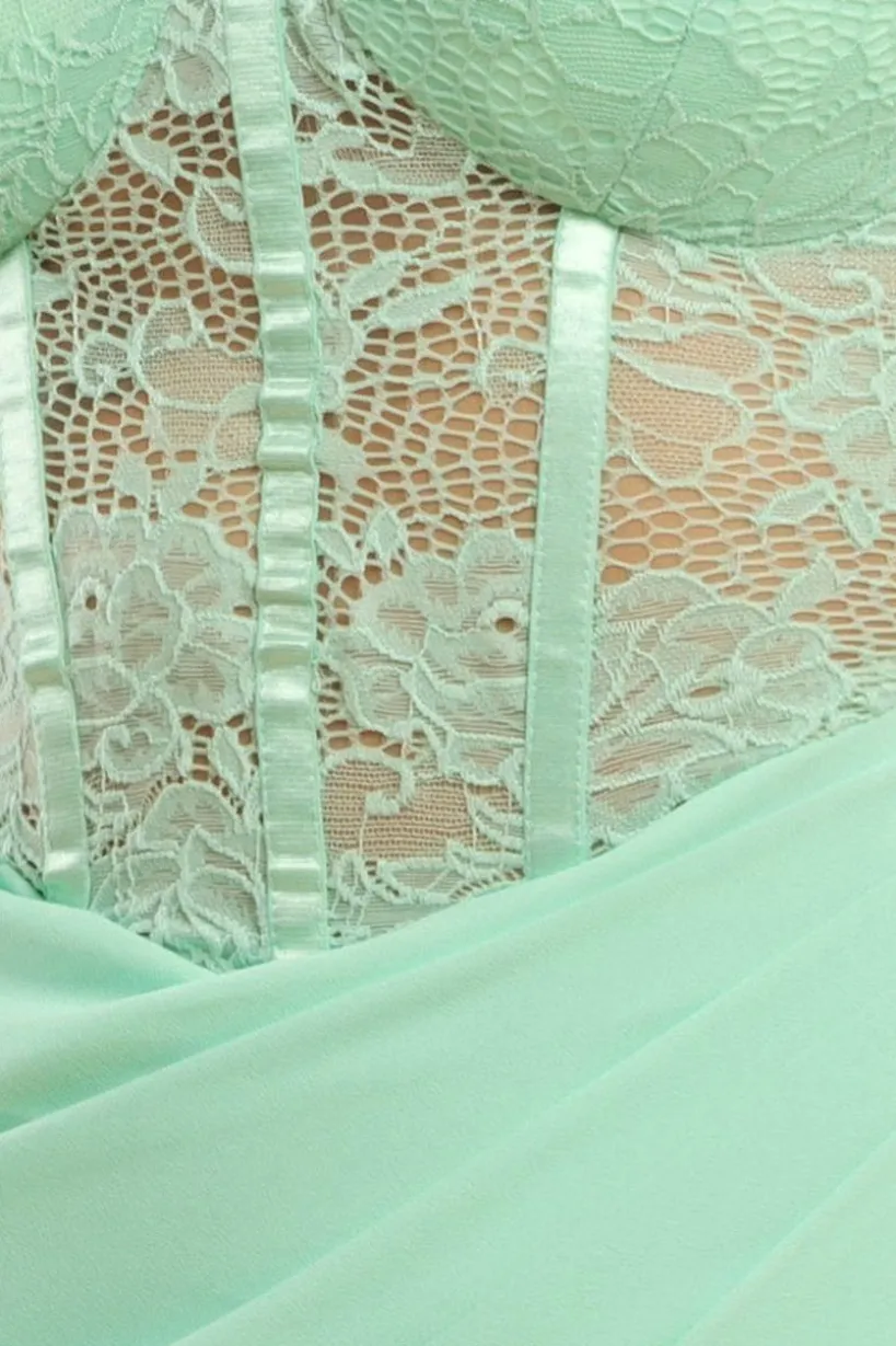 Scalloped Lace & Chiffon Winged Corset Bodice Maxi Dress - Mint Green by Goddiva