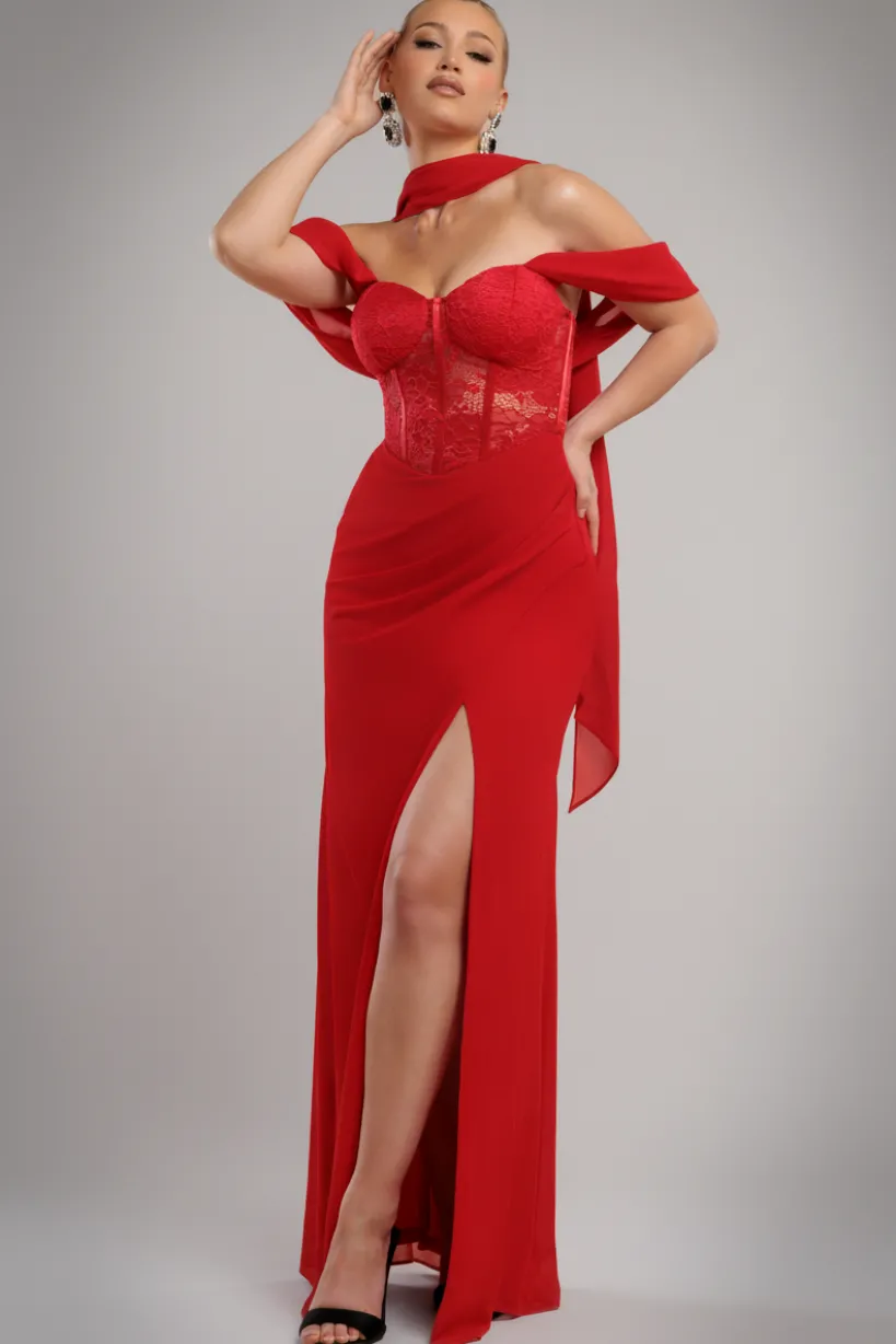 Scalloped Lace & Chiffon Winged Corset Bodice Maxi Dress - Red by Goddiva