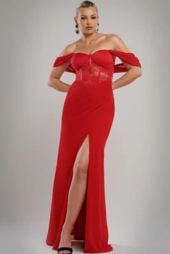 Scalloped Lace & Chiffon Winged Corset Bodice Maxi Dress - Red by Goddiva