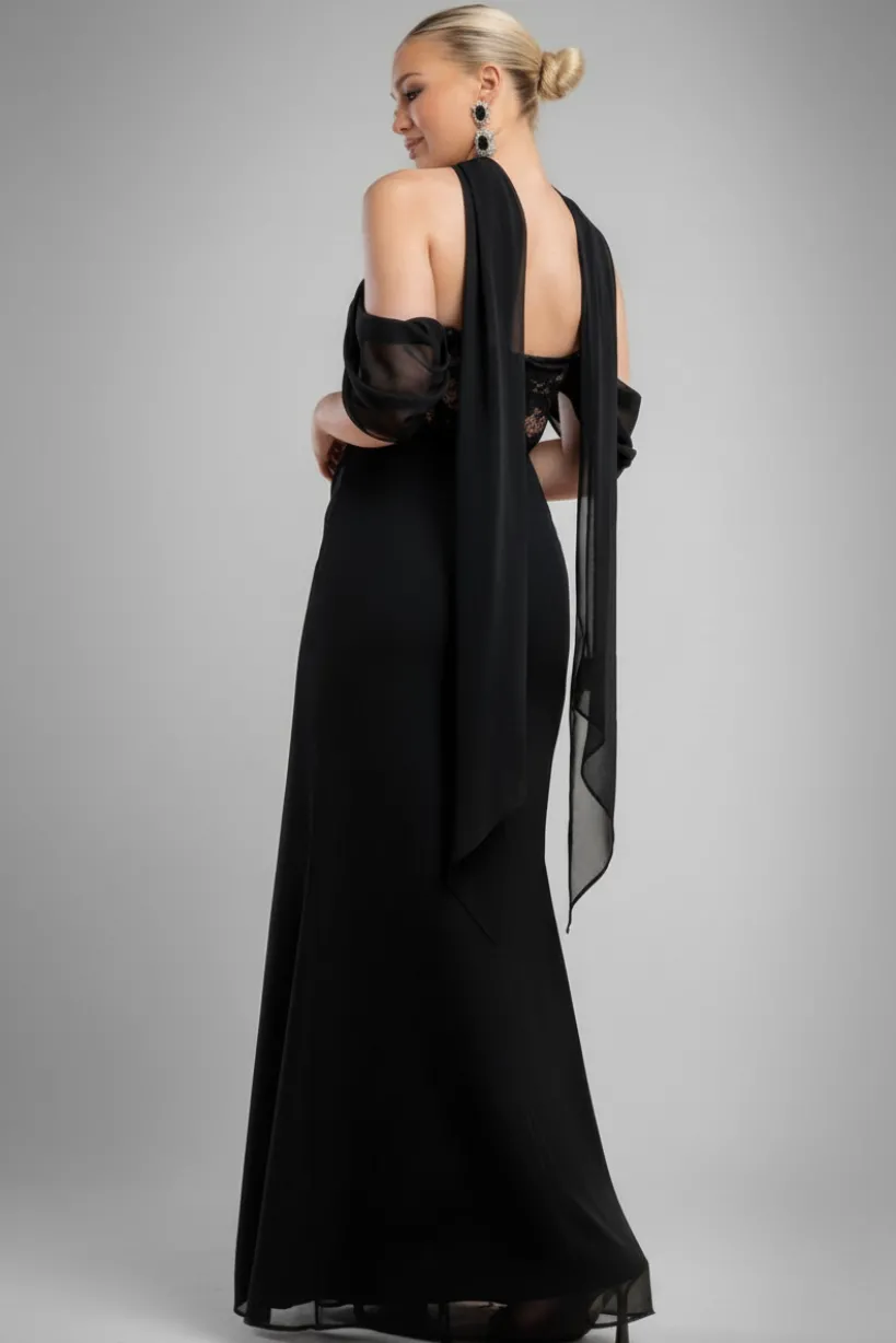 Scalloped Lace & Chiffon Winged Corset Bodice Maxi Dress - Black by Goddiva