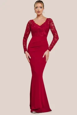 Scalloped Lace & Scuba Maxi Dress - Wine by Goddiva