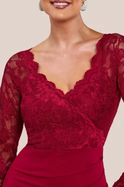 Scalloped Lace & Scuba Maxi Dress - Wine by Goddiva