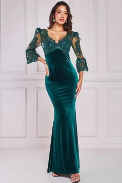 Scalloped Lace & Velvet Maxi Dress - Emerald Green by Goddiva