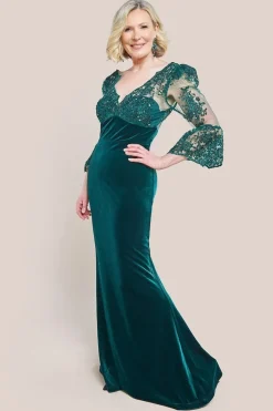 Scalloped Lace & Velvet Maxi Dress - Emerald Green by Goddiva