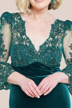 Scalloped Lace & Velvet Maxi Dress - Emerald Green by Goddiva