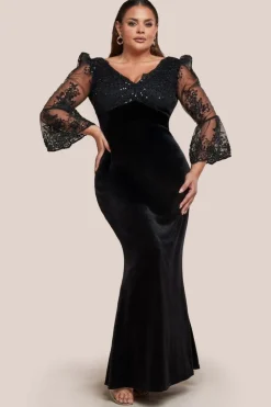 Scalloped Lace & Velvet Maxi Dress - Black by Goddiva Plus