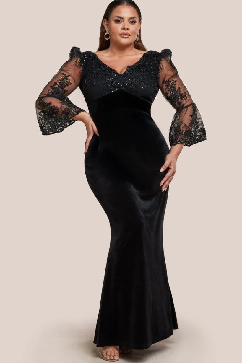 Scalloped Lace & Velvet Maxi Dress - Black by Goddiva Plus