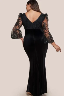 Scalloped Lace & Velvet Maxi Dress - Black by Goddiva Plus