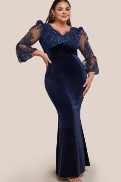 Scalloped Lace & Velvet Maxi Dress - Navy by Goddiva Plus