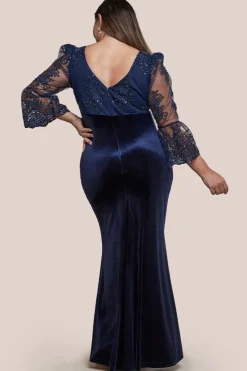 Scalloped Lace & Velvet Maxi Dress - Navy by Goddiva Plus