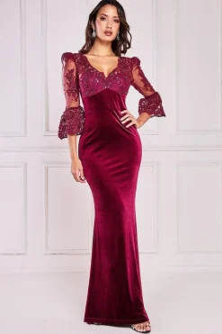 Scalloped Lace & Velvet Maxi Dress - Burgundy by Goddiva