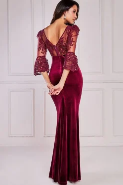 Scalloped Lace & Velvet Maxi Dress - Burgundy by Goddiva