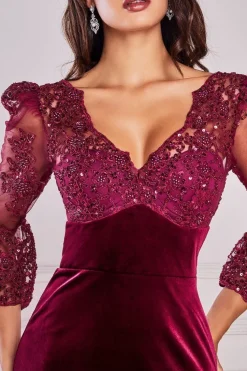 Scalloped Lace & Velvet Maxi Dress - Burgundy by Goddiva