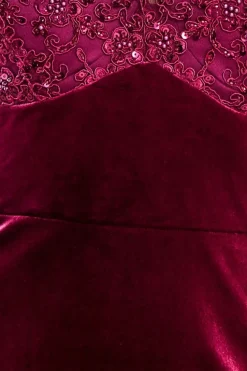 Scalloped Lace & Velvet Maxi Dress - Burgundy by Goddiva
