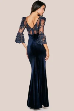 Scalloped Lace & Velvet Maxi Dress - Navy by Goddiva