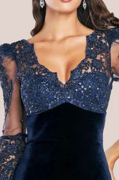 Scalloped Lace & Velvet Maxi Dress - Navy by Goddiva