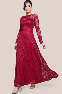 Scalloped Lace A-Line Maxi Dress - Wine by Goddiva