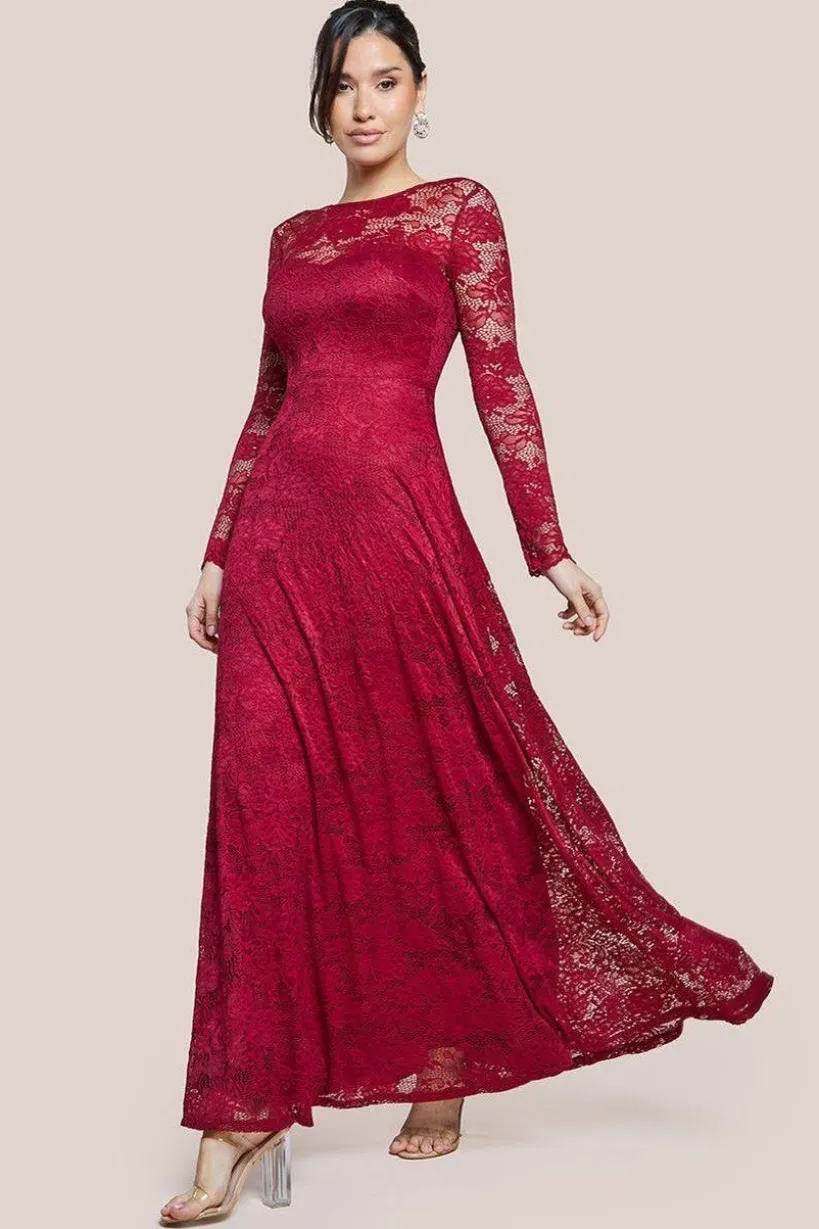 Scalloped Lace A-Line Maxi Dress - Wine by Goddiva